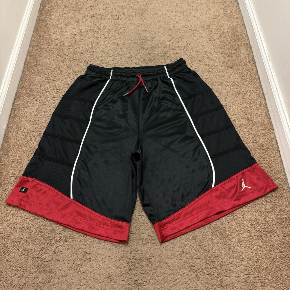 Y2K Jordan Basketball Shorts Satin Size Large Baggy Black Red Shiny
